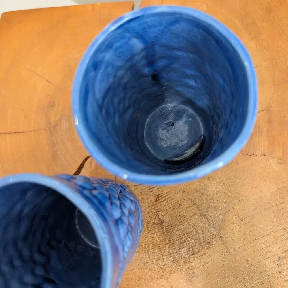 Inarco Pottery Cups Mood Indigo Grapevine Motif Blue Ceramic Stoneware Set of 2